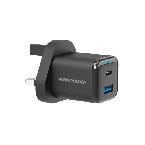 Picture of Powerology 35W PD QC 1xUSB-C 35W and 1xUSB-A 18W GaN Charger UK with USB-C Cable – Black